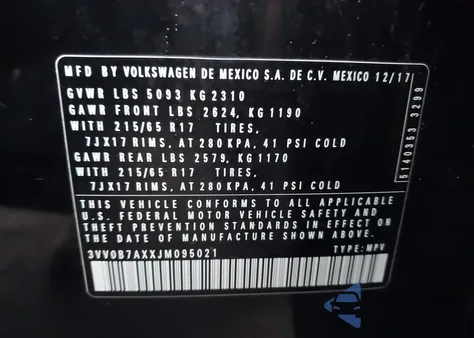 2018 Volkswagen Tiguan 2.0T S z USA, uszkodzony, nr VIN 3VV0B7AXXJM095021